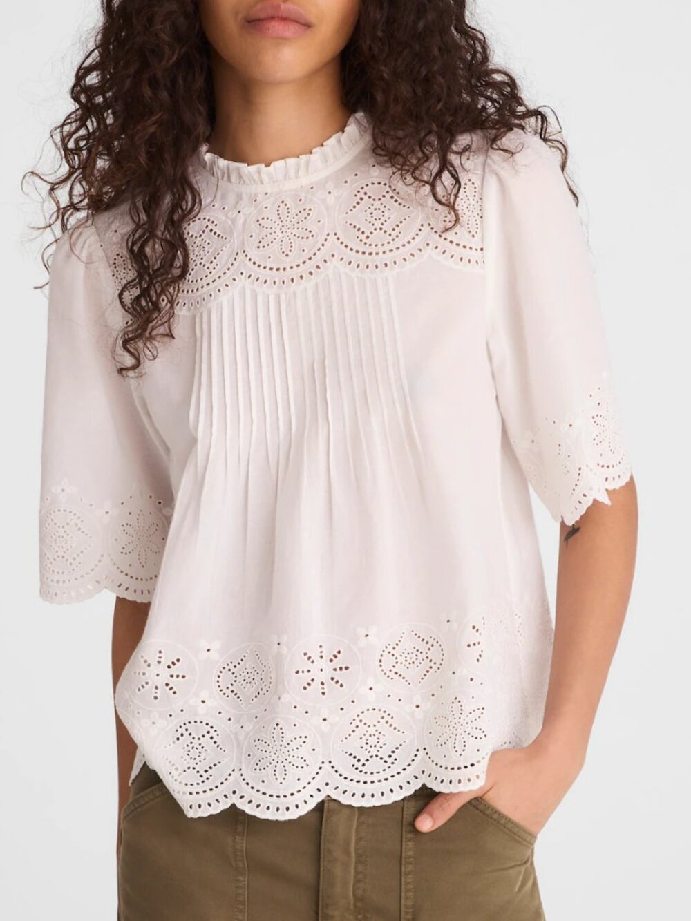 Madewell Embroidered Eyelet Pintuck High Neck Scalloped Top White Size XS NWT